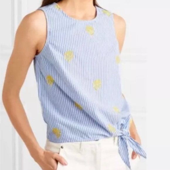 J. Crew Tops - J. Crew blue striped, size 4, yellow pineapple embroidered, side tie tank.
